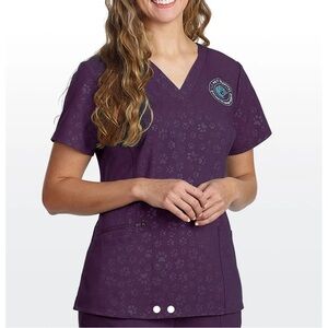 Healing Hands Purple Eggplant Scrub Top L Paw Prints
